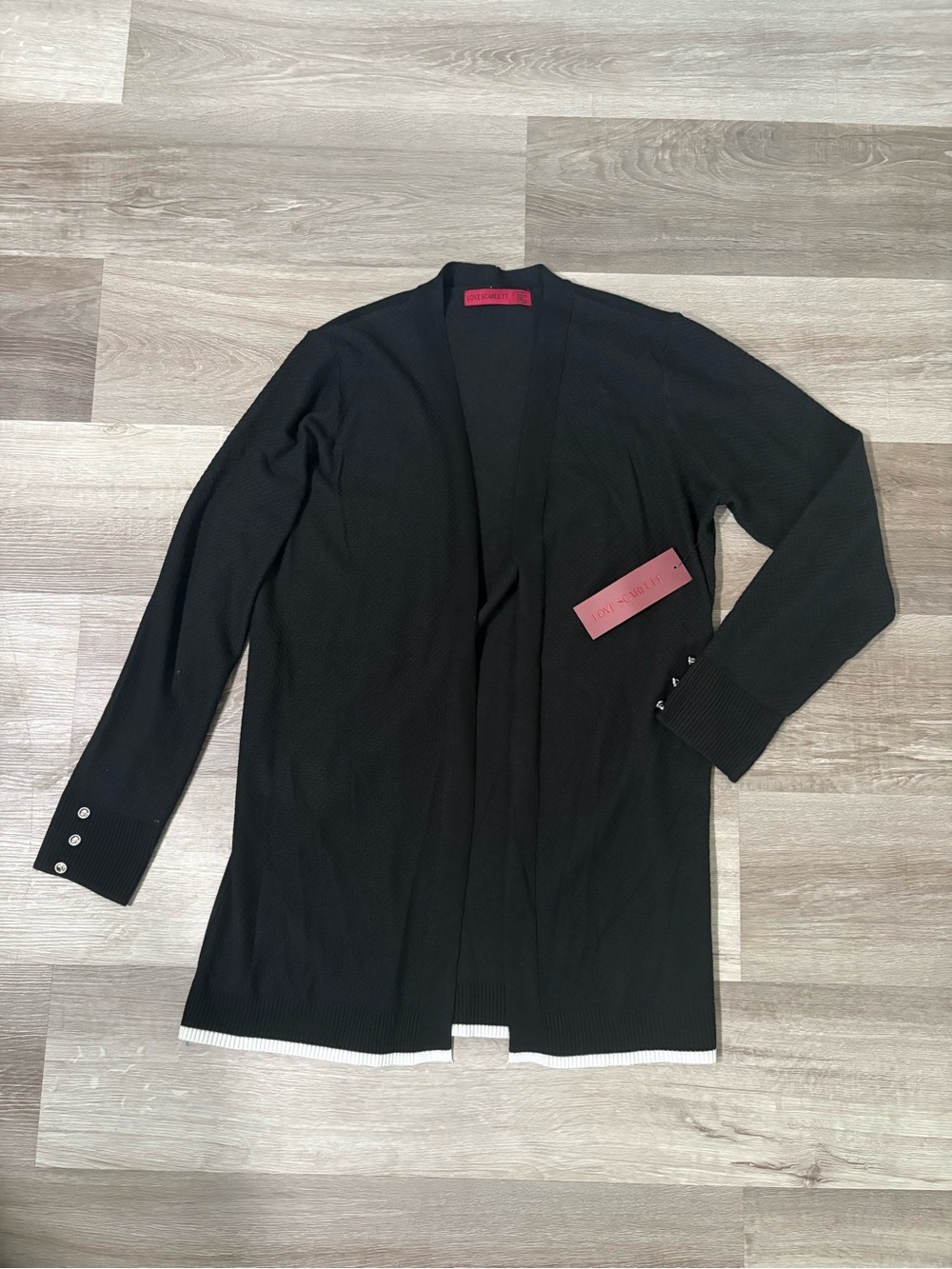 Love Scarlett Black Open Front Cardigan with White Trim